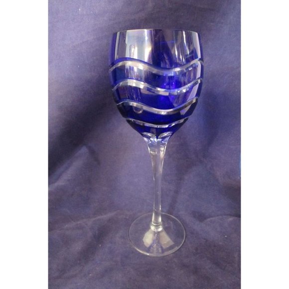Cobalt Cut to Clear Wavy Lines Crystal Bohemian Wine Glass Unmarked Flawed - Picture 5 of 16